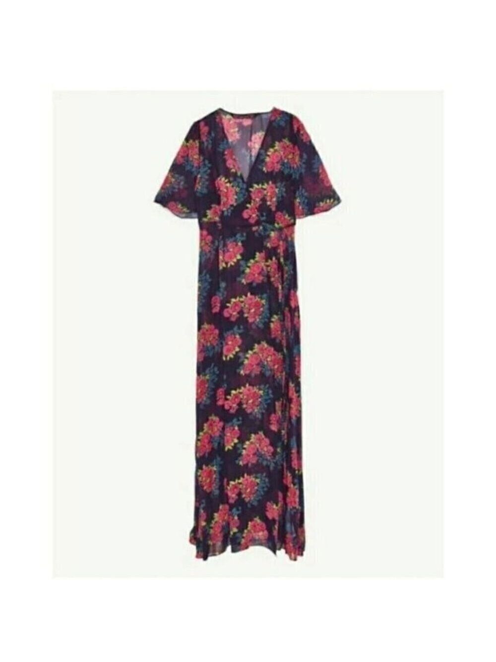 Zara Blue Maxi Wrap Dress Sheer Floral Chiffon V-Neck Short Flutter Sleeve S